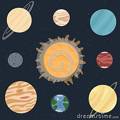 Vector flat Solar system with the Sun and planets Vector Illustration