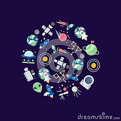 Vector flat space icons in circle shape illustration Vector Illustration