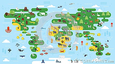 Vector flat style big abstract world map with animals. Vector Illustration