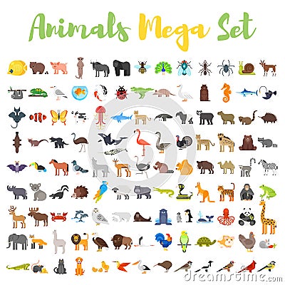 Vector flat style big set of animals. Vector Illustration