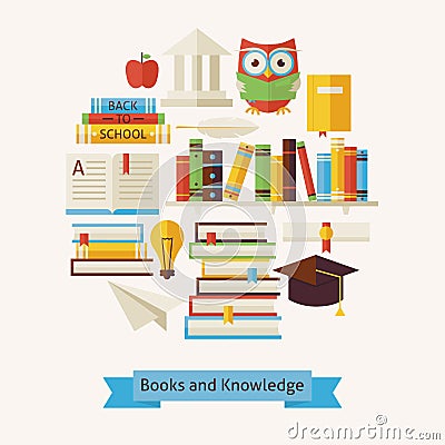 Vector Flat Style Books Education and Knowledge Objects Concept Vector Illustration