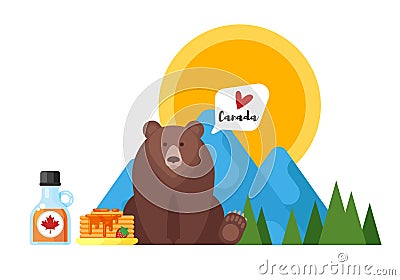 Vector flat style illustration of Canadian maple syrup and bear. Vector Illustration