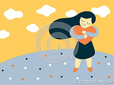 Vector flat style illustration of a cartoon girl hugging a big heart shape Vector Illustration