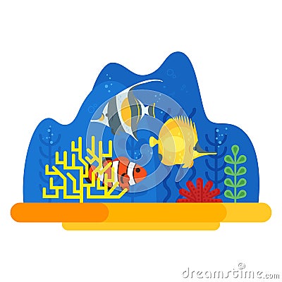 Vector flat style illustration of coral reef with fish. Vector Illustration