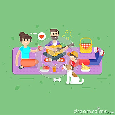 Vector flat style illustration of happy family picnic in the park Vector Illustration