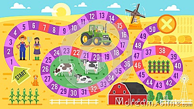 Vector flat style illustration of kids farm board game template. Vector Illustration