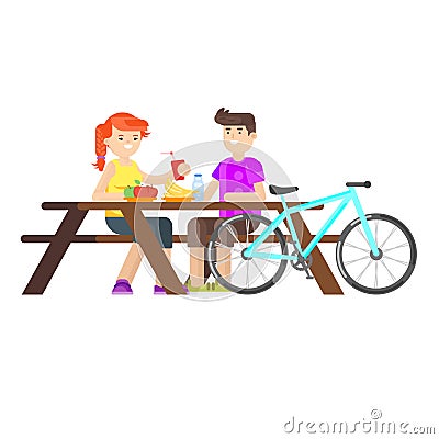 Vector flat style illustration of young happy couple having picnic Vector Illustration