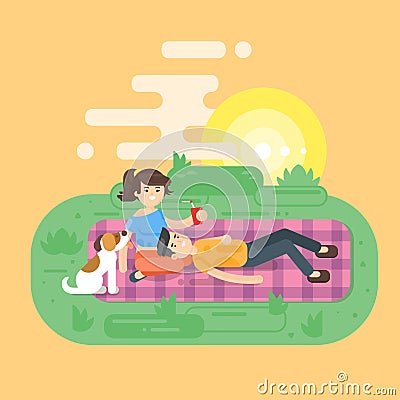 Vector flat style illustration of young happy couple having picnic Vector Illustration