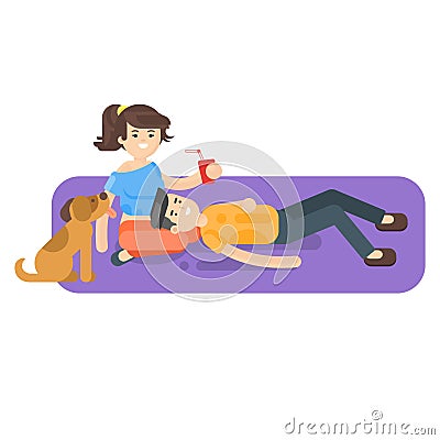 Vector flat style illustration of young happy couple having picnic Vector Illustration