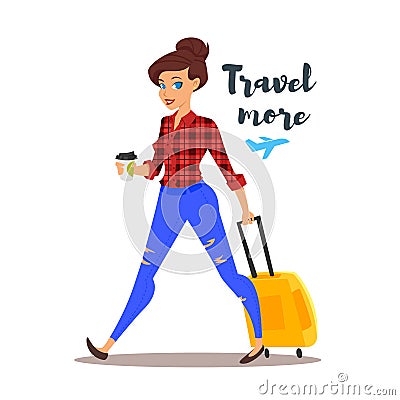 Vector flat style illustration of young pretty woman with a travel case. Vector Illustration