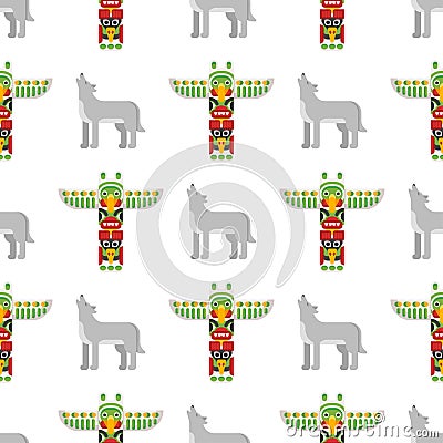 Vector flat style seamless pattern with tribal totem and wolf Vector Illustration