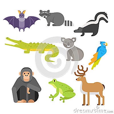 Vector flat style set of animals. Crocodile, raccoon, monkey. Vector Illustration