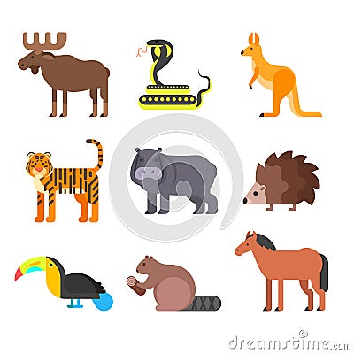 Vector flat style set of animals. Hedgehog, tiger, snake. Vector Illustration