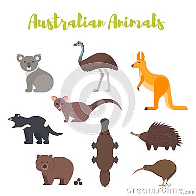 Vector flat style set of Australian animals. Vector Illustration