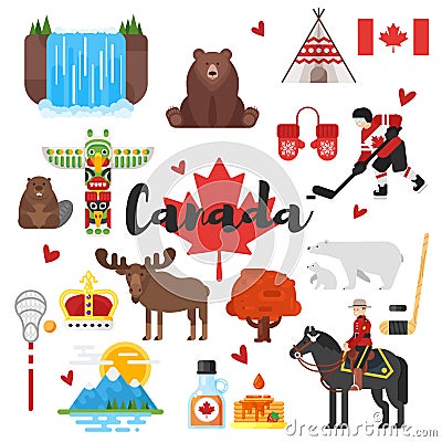 Vector flat style set of Canadian national cultural symbols. Vector Illustration