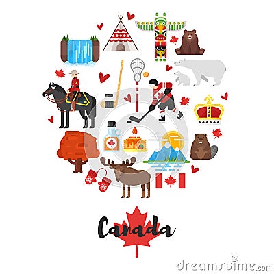 Vector flat style set of Canadian national cultural symbols. Vector Illustration