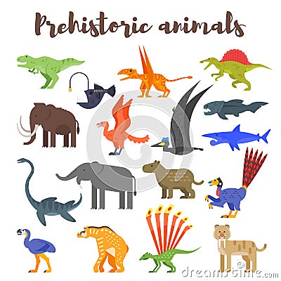 Vector flat style set of colorful prehistoric dinosaurs and animals. Vector Illustration