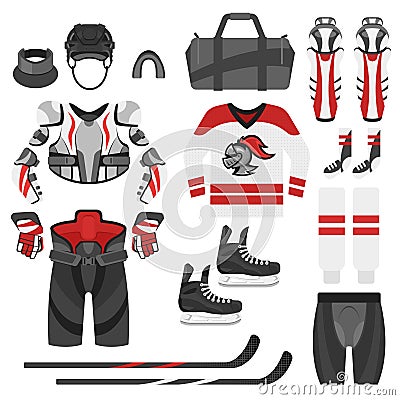 Vector flat style set of hockey equipment. Vector Illustration