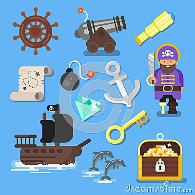 Vector flat style set of icon: pirate ship, treasure chest, map. Vector Illustration