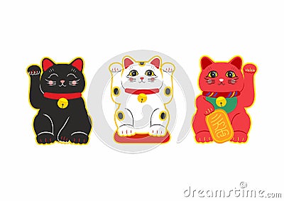 Vector flat style set of Japanese Lucky Cat Maneki Neko. Icon for web. Isolated on white background. Vector Illustration