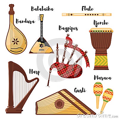 Vector flat style set of various traditional folk musical instruments. Vector Illustration