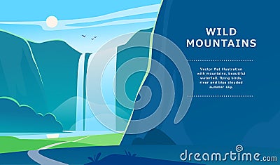 Vector flat summer landscape illustration with waterfall, river, mountains, sun, forest on blue clouded sky. Vector Illustration