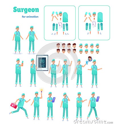 Vector flat surgeon doctor animation creation set Vector Illustration