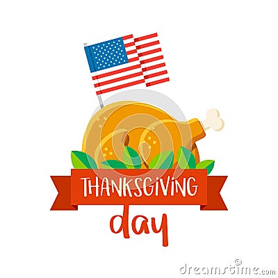 Happy Thanksgiving day vector greeting card with turkey and American flag. Flat celebration illustration Vector Illustration