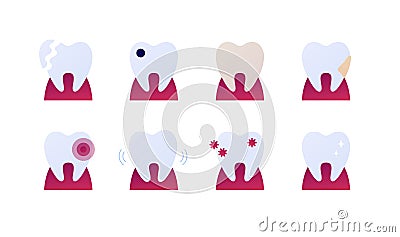 Vector flat tooth pain illustration set. Teeth icon with different problems like caries, broken isolated on white. Concept of Vector Illustration