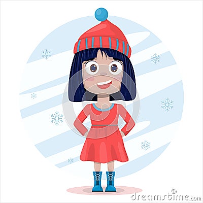 Vector flat ute smile girl. Cartoon pretty little woman in dress with background. A cheerful beautiful child. Dresses Vector Illustration