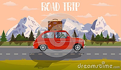 Vector flat web banner on the theme of Road trip, Vector Illustration