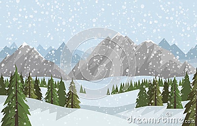 Vector flat winter landscape with mountains and forest and falling snow Vector Illustration