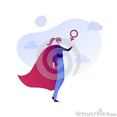 Vector flat woman empowerment illustration. Superhero women in cap with female sign on sky background. Concept of feminism, Cartoon Illustration