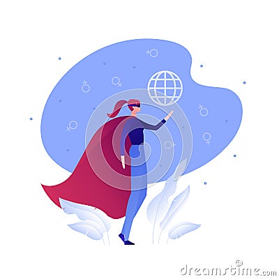 Vector flat woman empowerment illustration. Superhero women in cap with global world sign on sky background. Concept of feminism, Cartoon Illustration