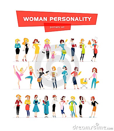 Vector flat woman portraits collection isolated on white background. Cartoon Illustration