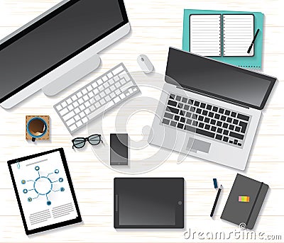 Vector flat workplace of designer with devices illustration Vector Illustration