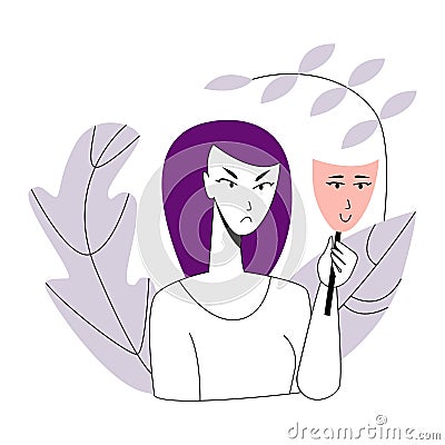 Vector flat young angry woman holding mask with image her happy face Stock Photo