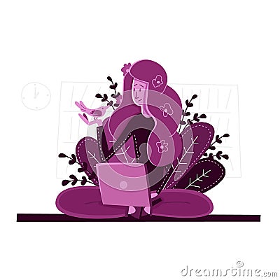 Vector flat young girl rejoices good work laptop. Vector Illustration