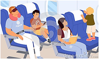Vector flight passengers with children in plane illustration Vector Illustration