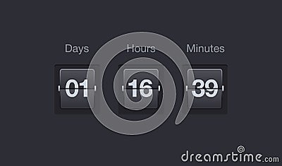 Vector flip countdown timer. Clock counter for websites and interfaces. Days, hours and minutes. Vector Illustration