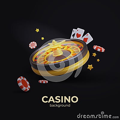 Vector floating roulette, playing cards, poker chips, golden stars Vector Illustration