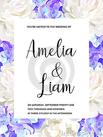 Vector floral wedding invitation with blue hydrangeas, peonies in watercolor style Stock Photo
