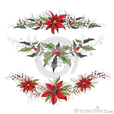 Vector floral banner, winter decoration element. poinsettia and Holly decor isolated on white background. realistic doodling drawn Vector Illustration