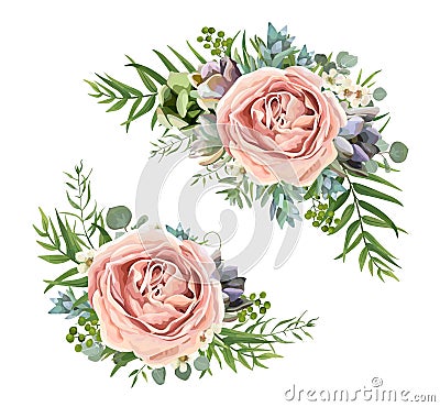 Vector floral bouquet design: garden pink peach lavender Rose wa Vector Illustration