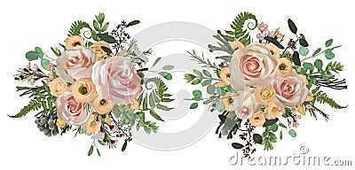 Vector floral bouquet design set, green forest leaf, brunia, fern, branches boxwood, buxus, eucalyptus, eustoma, tea roses and Stock Photo