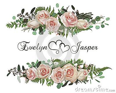 Vector floral bouquet design set, green forest leaf, brunia, fern, branches boxwood, buxus, eucalyptus, eustoma, tea roses and Vector Illustration