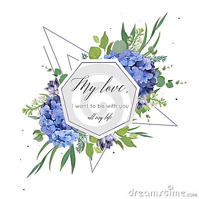 Vector floral card design with elegant bouquet of blue hydrangea Vector Illustration