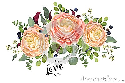 Vector floral card design: garden peach rose Ranunculus flowers Vector Illustration