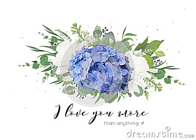 Vector floral card design with tender bouquet of blue hydrangea flower, white garden roses, poppies, eucalyptus, lilac flowers, gr Vector Illustration