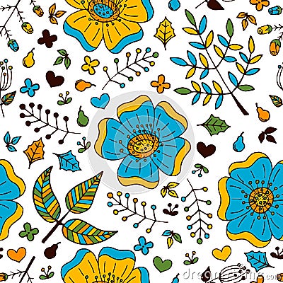 Vector floral colorful seamless pattern with hand drawn doodle elements. Vector Illustration